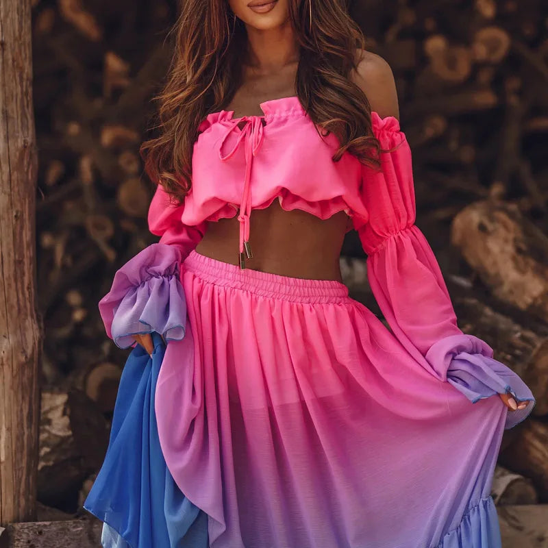 Vibrant Colors Chic Sexy Off Shoulder Ruffle Blouse and Slit Long Skirt for Women