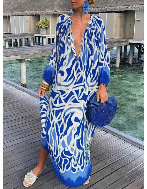 Load image into Gallery viewer, Women Sexy Deep V-Neck Maxi Dresses Bohemian Style With Lantern Sleeves  Long Dress  Vintage
