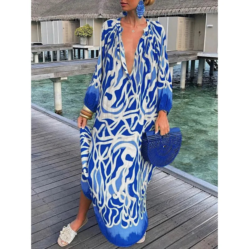 Women Sexy Deep V-Neck Maxi Dresses Bohemian Style With Lantern Sleeves  Long Dress  Vintage