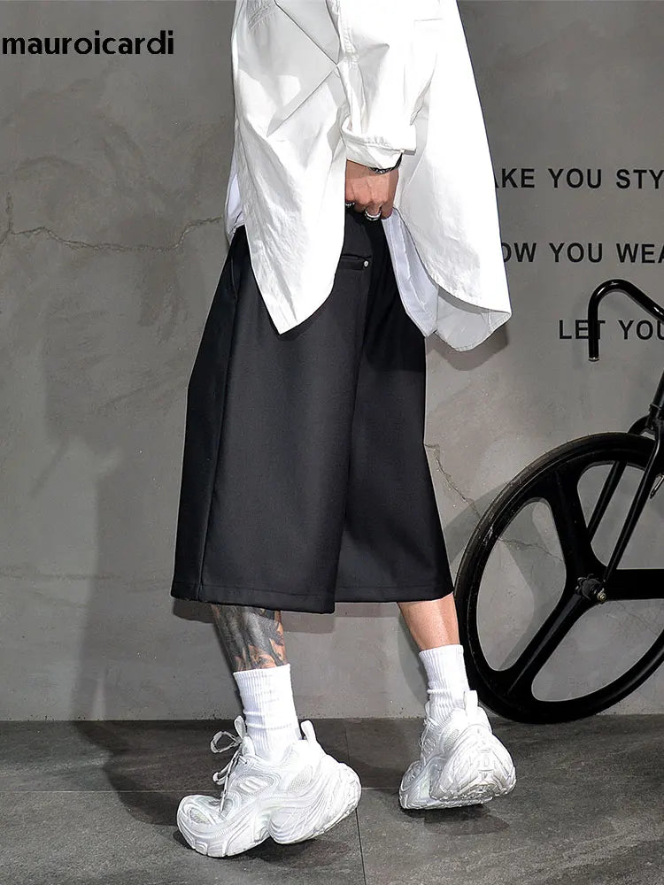 Baggy Casual Black Wide Leg Shorts for Men Elastic Waist Drawstring Loose Fitting