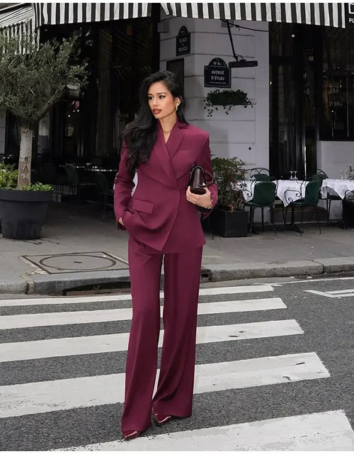 Load image into Gallery viewer, Fashion Women Wine Red Lapel Suits Jacket Long Pants Casual Loose 2 Pieces Sets 2025 Spring Chic
