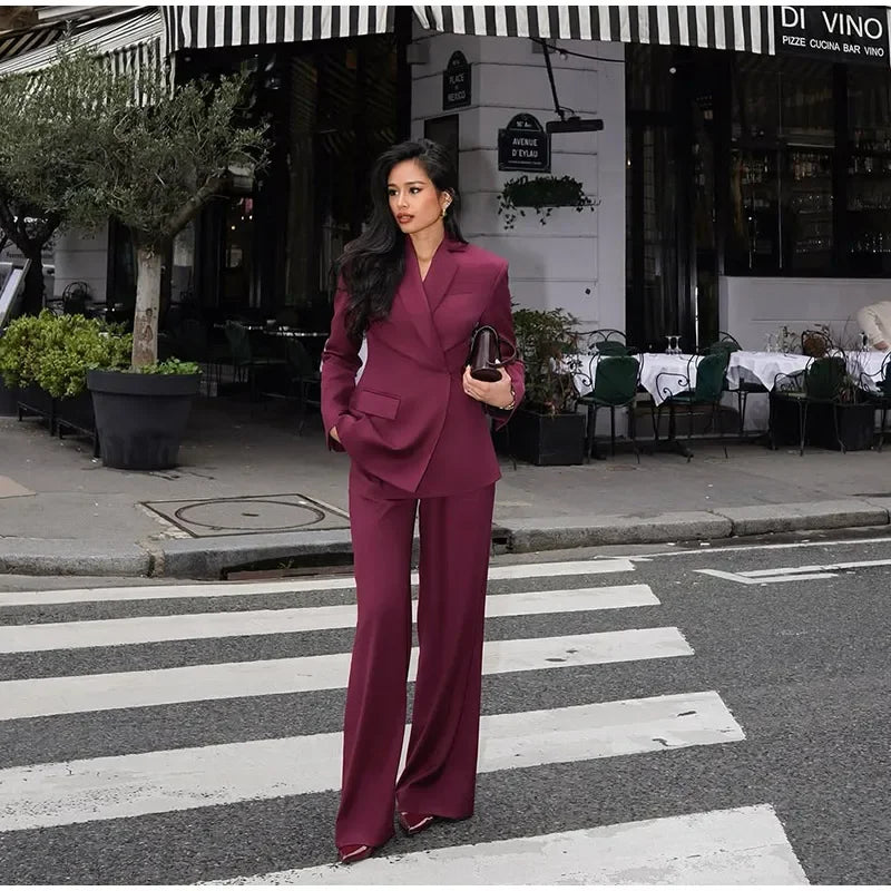 Fashion Women Wine Red Lapel Suits Jacket Long Pants Casual Loose 2 Pieces Sets 2025 Spring Chic