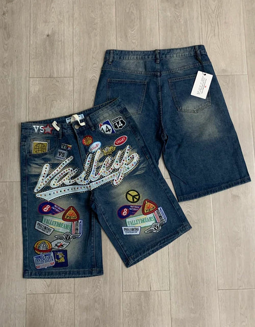 Load image into Gallery viewer, 2026 American VALLEY Embroidery Rhinestone Logo Patch Label Denim Shorts Men High Quality Loose Straight Short Jeans
