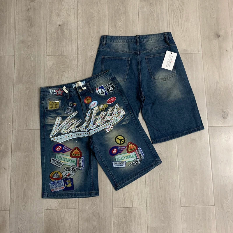 2026 American VALLEY Embroidery Rhinestone Logo Patch Label Denim Shorts Men High Quality Loose Straight Short Jeans