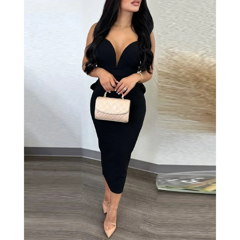 Sexy Party Dresses Women Plunging V-neck Sleeveless Backless Bowknot Ruffles Back Bodycon Midi Dress