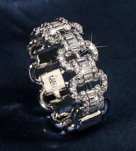 Fashion Luxury Large Row Flashing Zircon Ring  Chain Type 925 Stamp Jewelry