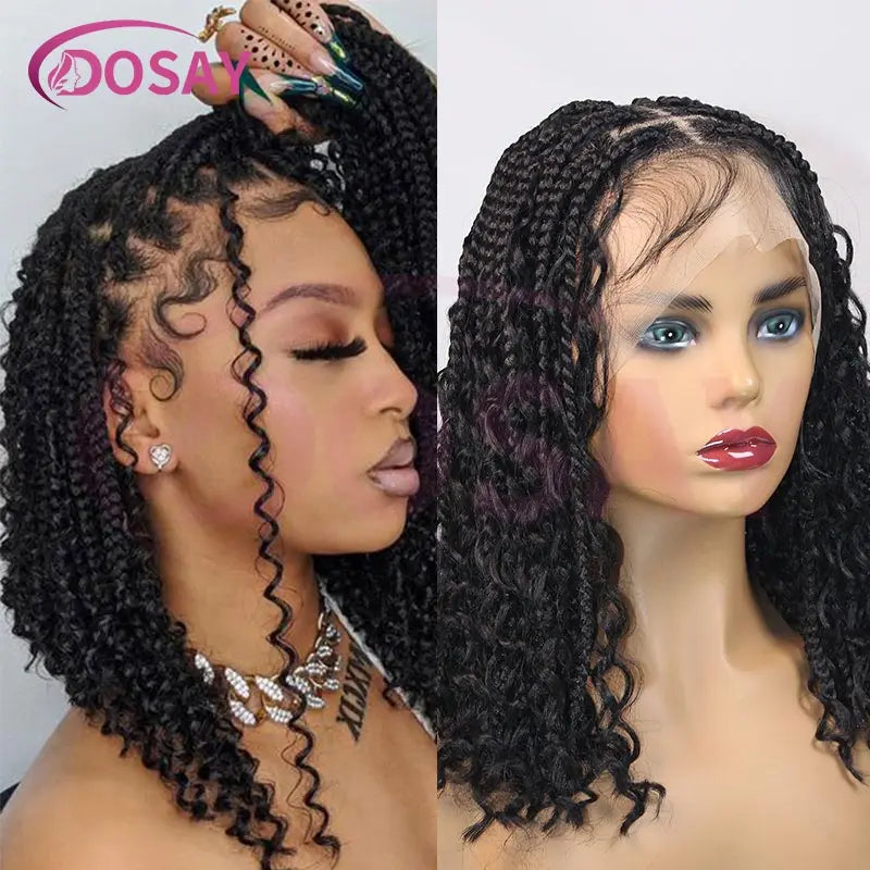 12" Synthetic Short Bohemian Boho Braided Wigs Full Lace Front Braiding Wig For Black Women Curly Knotless Bob Braids Locs Wigs