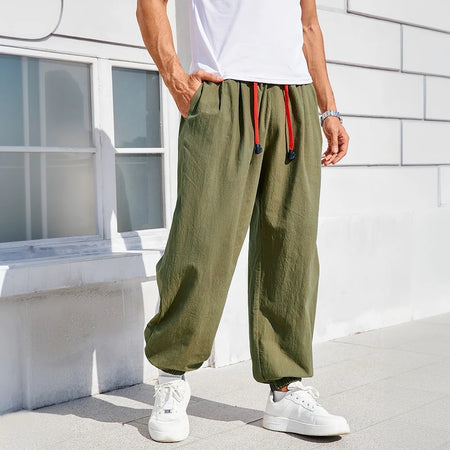 Men's Pants Loose Fit  Cotton Linen Solid Color Cozy Sweatpants Joggers High Quality Male