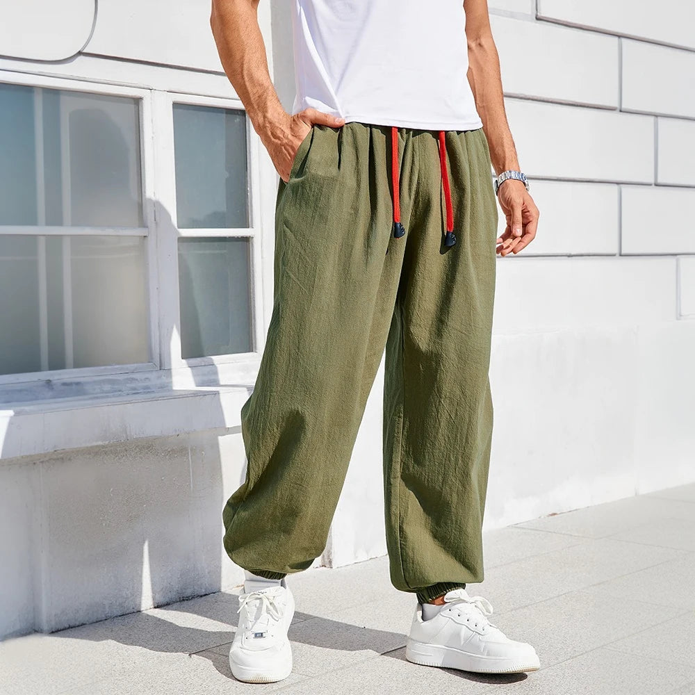 Men's Pants Loose Fit  Cotton Linen Solid Color Cozy Sweatpants Joggers High Quality Male