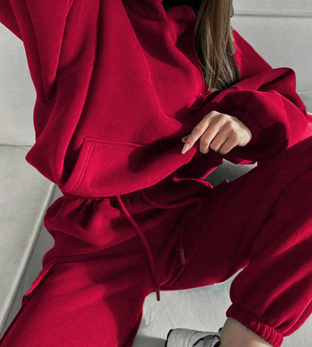 Hoodies Suit Winter Autumn Solid Casual Tracksuit Women Fleece 2 Pieces Set Sports Sweatshirts Pullover Jogger Sweatpants Outfit