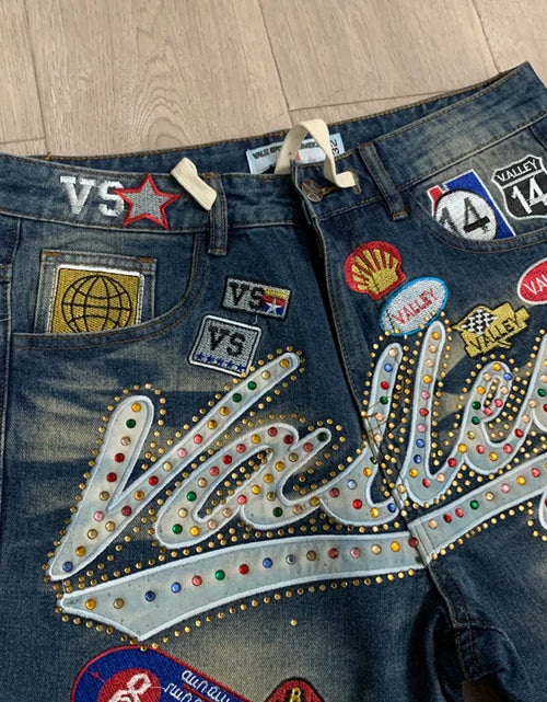 Load image into Gallery viewer, 2026 American VALLEY Embroidery Rhinestone Logo Patch Label Denim Shorts Men High Quality Loose Straight Short Jeans
