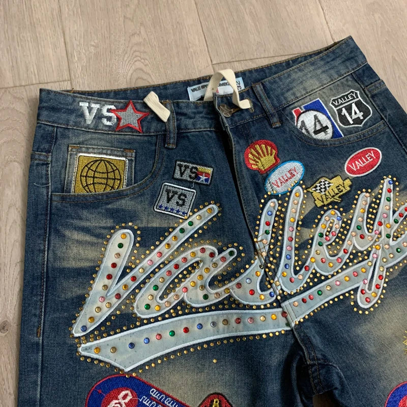2026 American VALLEY Embroidery Rhinestone Logo Patch Label Denim Shorts Men High Quality Loose Straight Short Jeans