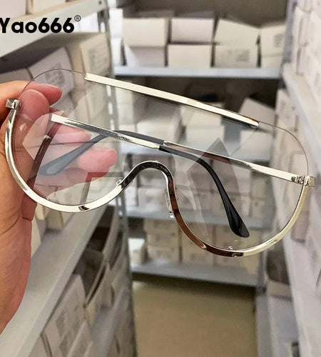 Metal Oversized Punk Sunglasses  Semi Rimless Goggles Shield Lens Designer Big Shades