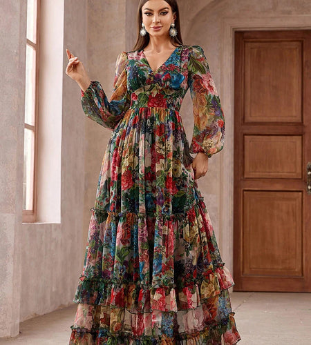 New Casual Elegant Bo ho  Dress Women's Vintage Floral Print Long Sleeve Frill Trim Maxi Dress