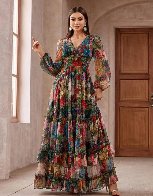 Load image into Gallery viewer, New Casual Elegant Bo ho  Dress Women&#39;s Vintage Floral Print Long Sleeve Frill Trim Maxi Dress

