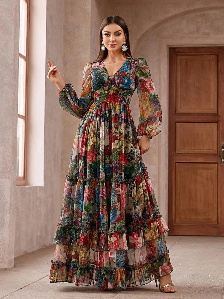 New Casual Elegant Bo ho  Dress Women's Vintage Floral Print Long Sleeve Frill Trim Maxi Dress