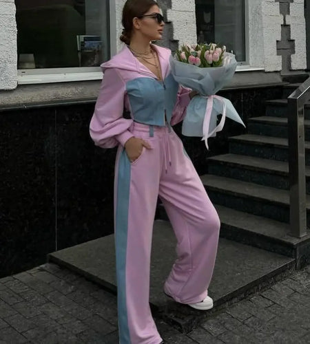 Casual Contrast Hoodies Pants Sets Women Slim Zipper Short Hooded Coats Lace Up Wide Leg Tracksuit