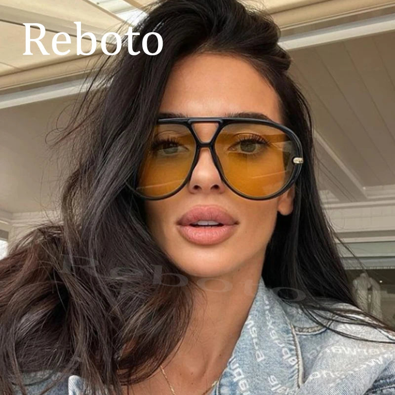 Fashion Punk Big Pilot Sunglasses Women Luxury 2025 Oversized Double Bridge Hollow Black Yellow Glasses Ladies Metal Female