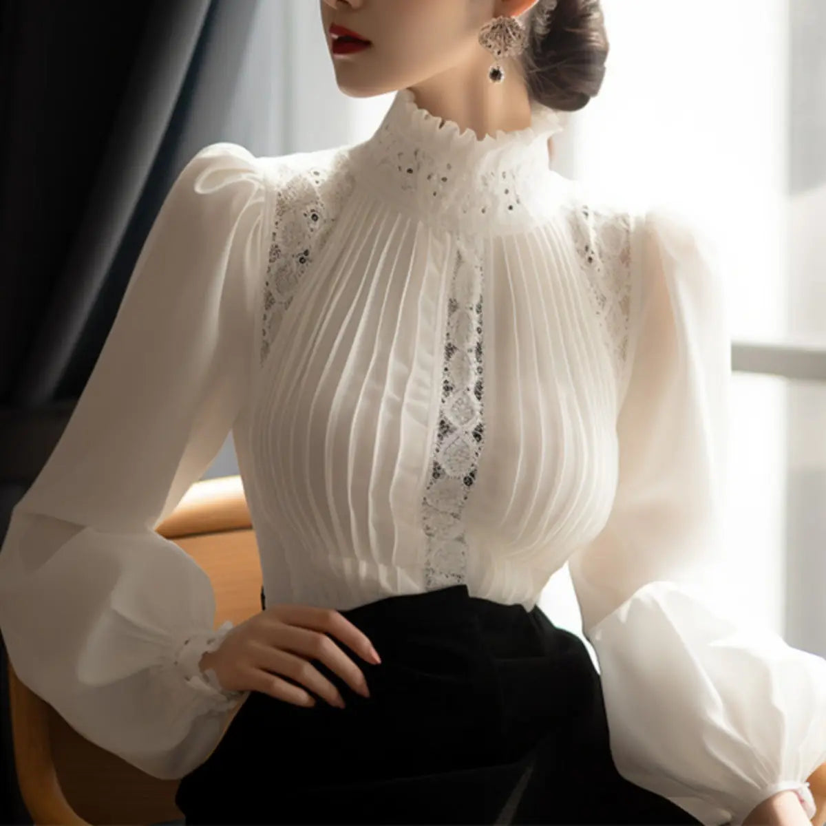 2025 Blouse for Women Temperament Lace Patchwork Shirts Hollow Out Pleated Stand Neck Vintage Blouses Tops