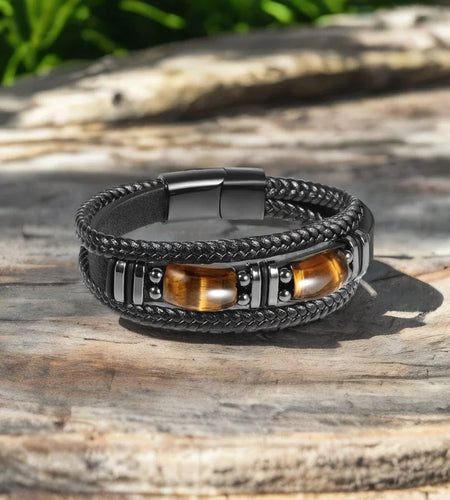Tiger Eye Black Leather Bracelet Men Natural Gemstone Crystal Stone Jewelry Handmade Courage Stress Relief Protection Bracelet