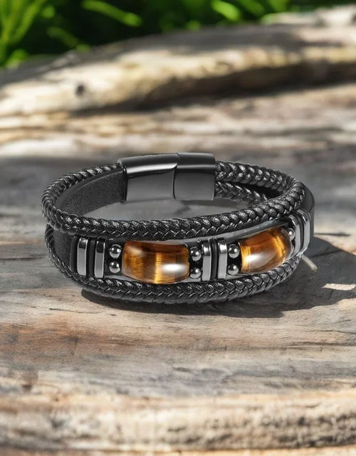 Load image into Gallery viewer, Tiger Eye Black Leather Bracelet Men Natural Gemstone Crystal Stone Jewelry Handmade Courage Stress Relief Protection Bracelet
