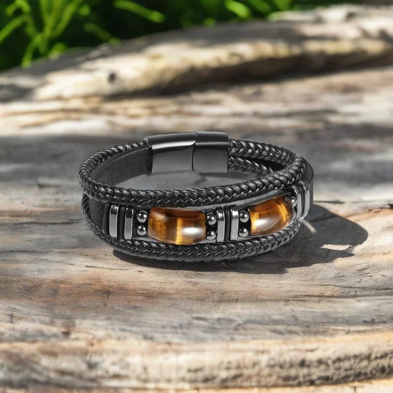 Tiger Eye Black Leather Bracelet Men Natural Gemstone Crystal Stone Jewelry Handmade Courage Stress Relief Protection Bracelet