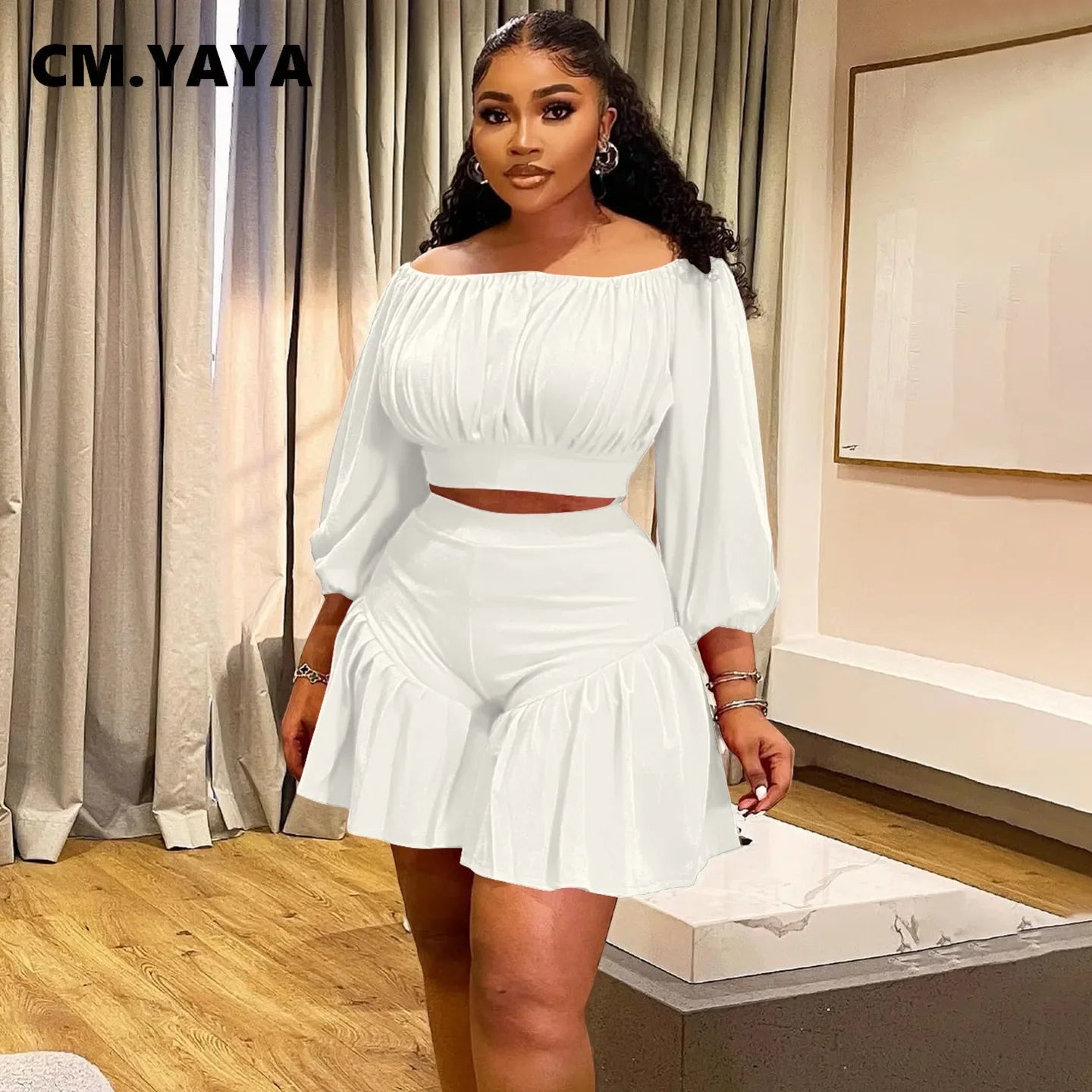 Plus Size Women's Set Long Sleeve Slash Neck T-Shirt and Shorts 2025  Two 2 Piece Set Outfits