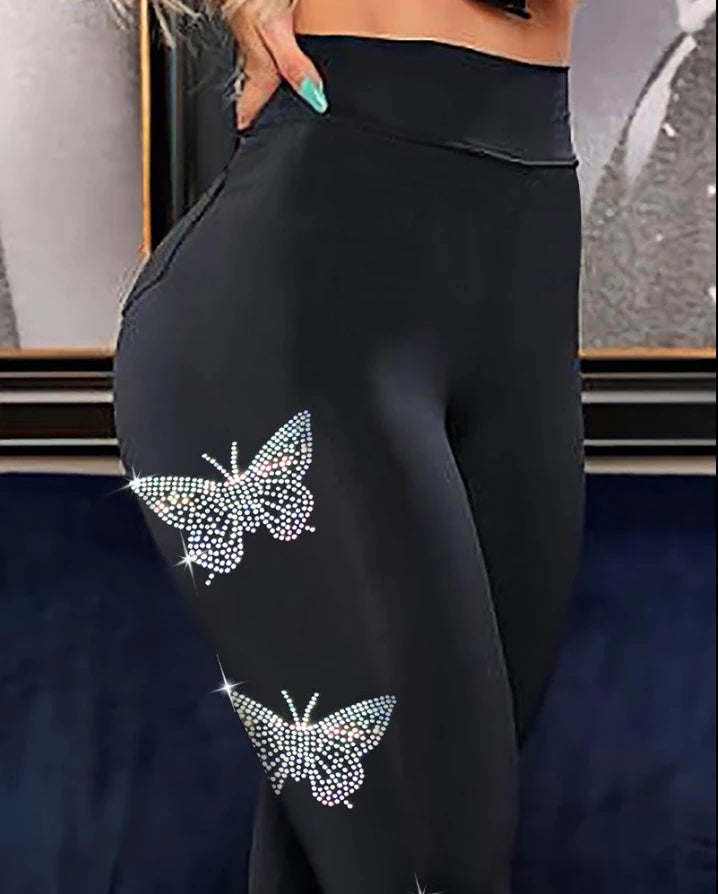 Rhinestone Butterfly Pattern High Waist Skinny Pants