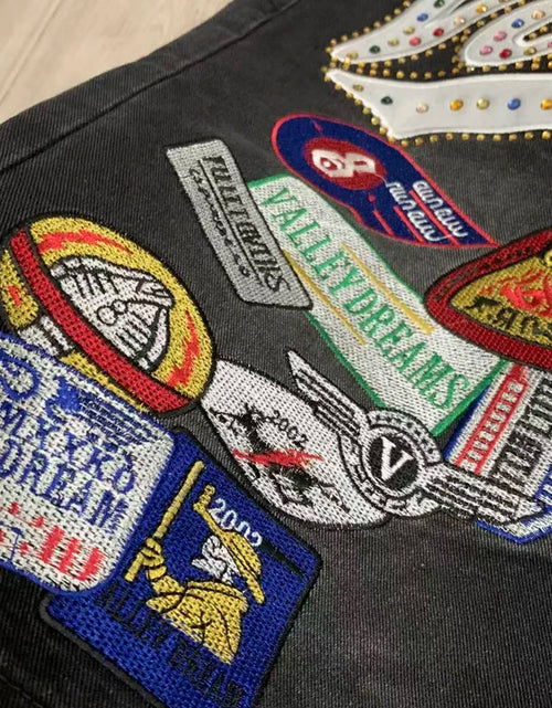 Load image into Gallery viewer, 2026 American VALLEY Embroidery Rhinestone Logo Patch Label Denim Shorts Men High Quality Loose Straight Short Jeans

