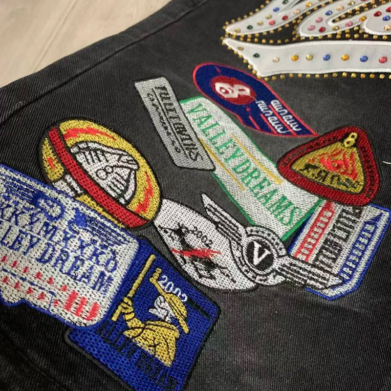 2026 American VALLEY Embroidery Rhinestone Logo Patch Label Denim Shorts Men High Quality Loose Straight Short Jeans