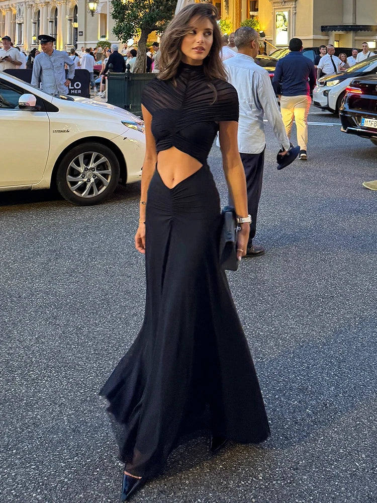 Hollow Out Short Sleeve Sexy Maxi Dress Women Fashion O Neck  High Waist Bodycon Club Party Long Dress