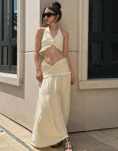 Load image into Gallery viewer, Cute new Pleated Matching Women 2 Piece Solid Sexy Ruffle Halter V-neck Crop Tank , Cross High Waist Skirt

