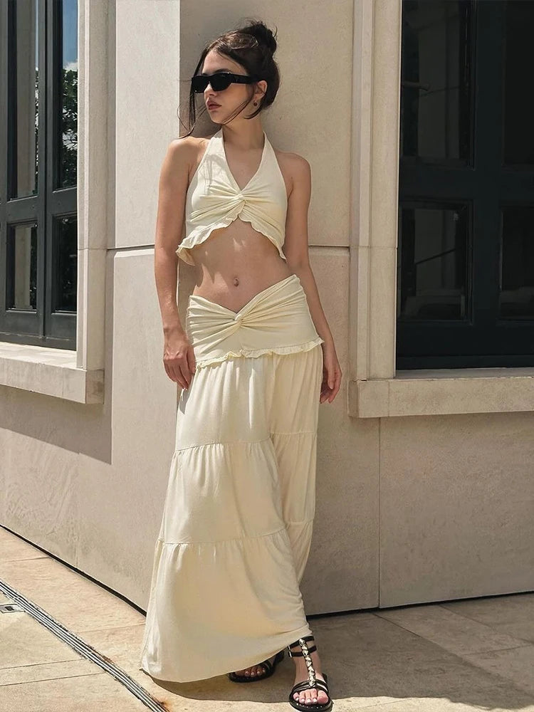 Cute new Pleated Matching Women 2 Piece Solid Sexy Ruffle Halter V-neck Crop Tank , Cross High Waist Skirt