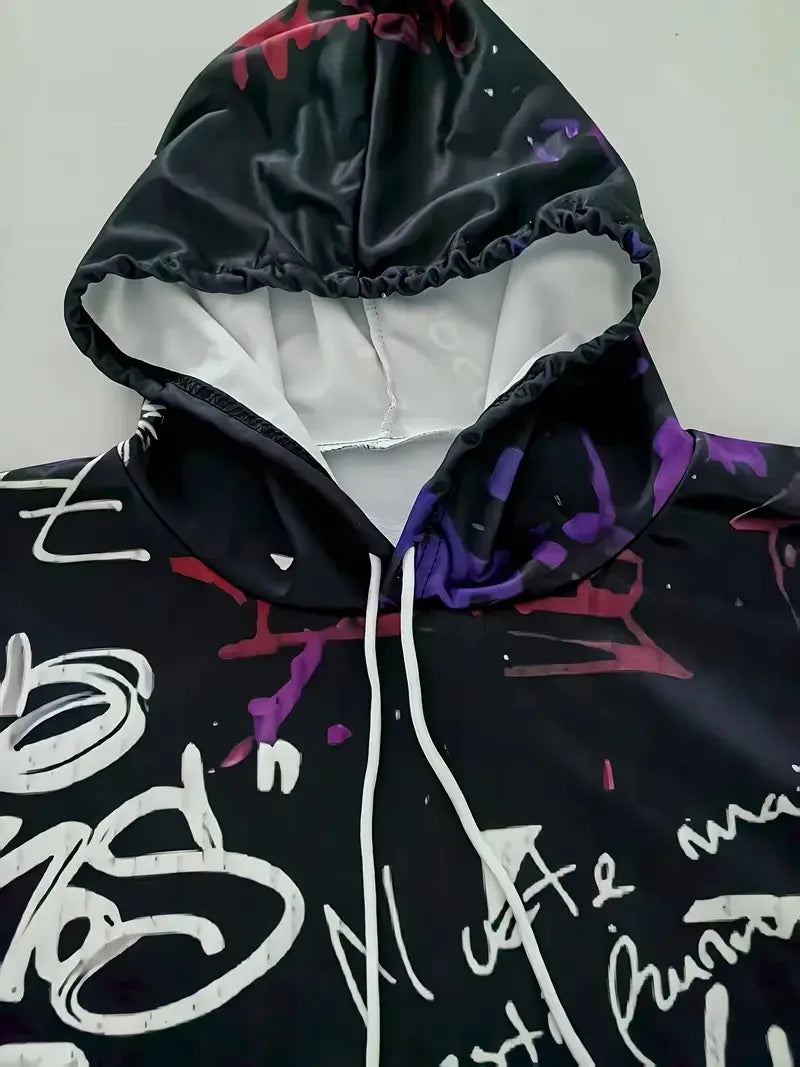 Men's hoodie set features a casual fashionable and comfortable 3D graffiti pattern print