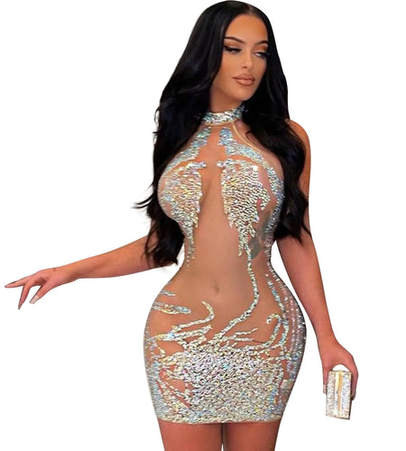 Sexy Mesh Rhinestone Short Mini Dress  Diamond Bodycon Dresses