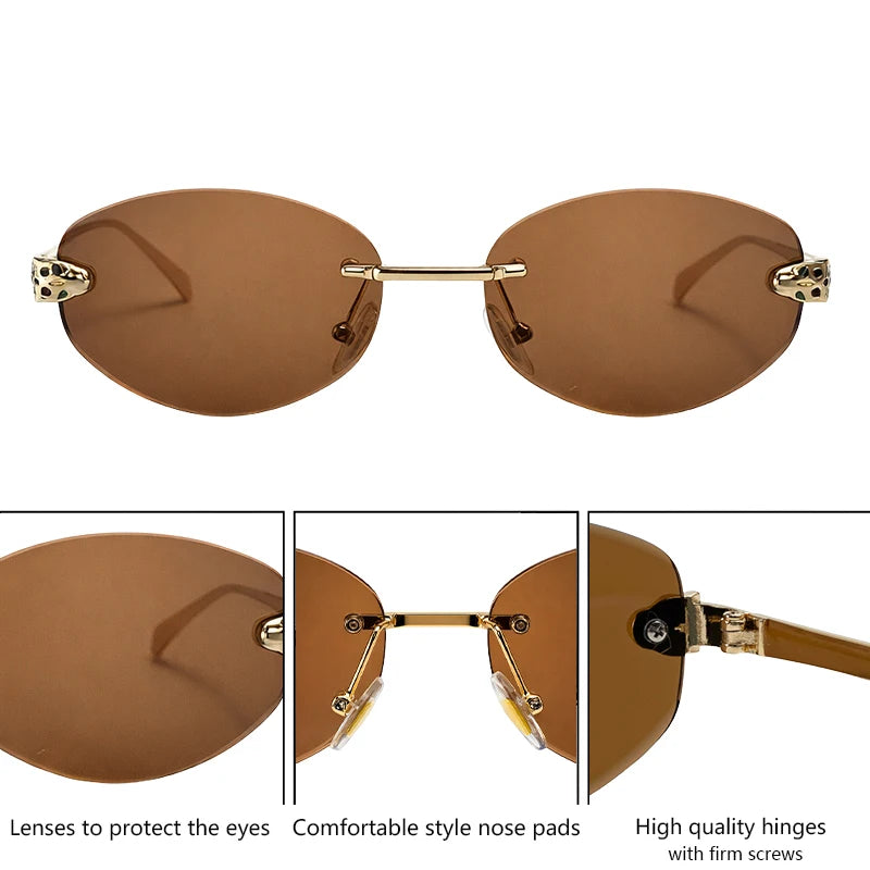 Vintage Rimless Oval Punk Sunglasses for Men Leopard Head Frameless UV400 Gradient Lens Hip Hop Outdoor Shades Luxury Designer Eyewear