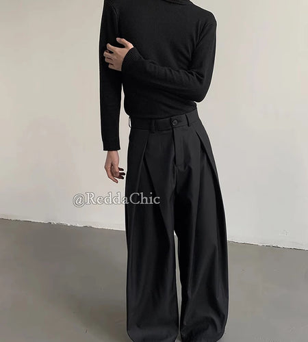 Men's Pleated Front Wide Leg Pants Clean fit Black Solid Low Waist Dressy Trousers