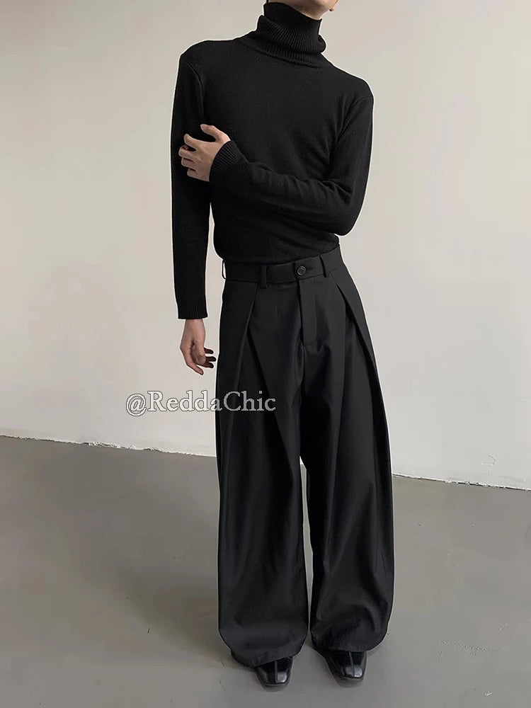 Men's Pleated Front Wide Leg Pants Clean fit Black Solid Low Waist Dressy Trousers