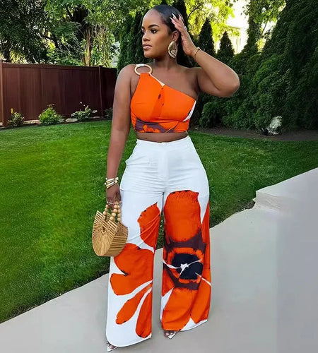Floral Print Summer Two Piece Set Women Holiday One Shoulder Crop Top and Loose Wide Leg Pants