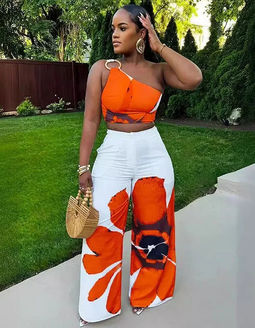 Load image into Gallery viewer, Floral Print Summer Two Piece Set Women Holiday One Shoulder Crop Top and Loose Wide Leg Pants
