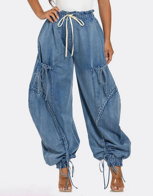 Load image into Gallery viewer, Women&#39;s High Waist Denim Spliced Lace-Up Jeans Drawstring Vintage Loose Fit Pants
