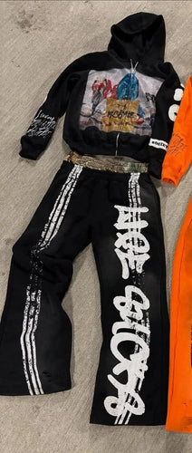 Retro Anime Print Oversized Hoodie And Trousers Set Men's  Casual Sweatshirt Suit Zipper Closure Cotton Blend