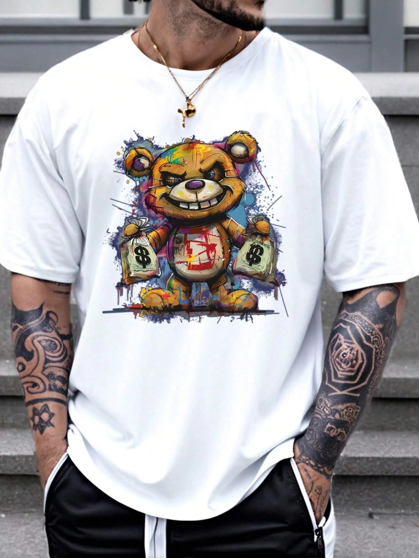 Men's 100% cotton summer loose size Cartoon Bear Pattern printed