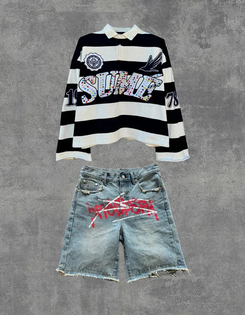 Load image into Gallery viewer, 2 Pcs Shirts Sume Rugby Diamond Embroidery Stripe Polo Shirt Y2K Retro Classic Unisex Oversized Long Sleeved Shirt Short Sets
