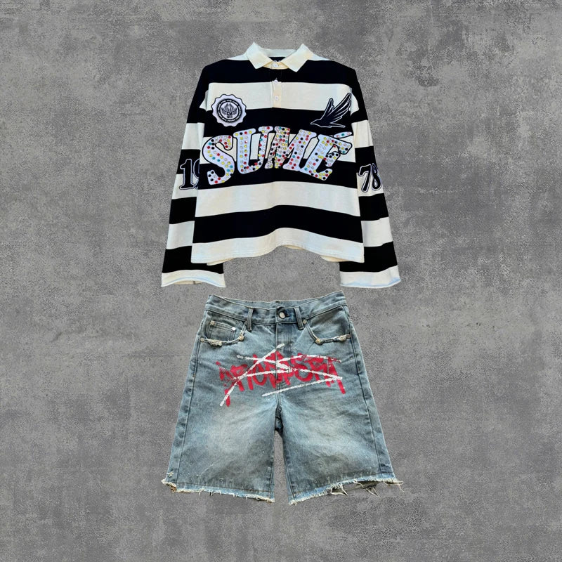 2 Pcs Shirts Sume Rugby Diamond Embroidery Stripe Polo Shirt Y2K Retro Classic Unisex Oversized Long Sleeved Shirt Short Sets