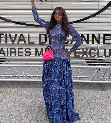 Royal Blue Dress for Women Mid-turtleneck High Waist Transparent Light Long Dress with Sleeves Pleated Maxi Dress