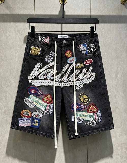 Load image into Gallery viewer, 2026 American VALLEY Embroidery Rhinestone Logo Patch Label Denim Shorts Men High Quality Loose Straight Short Jeans
