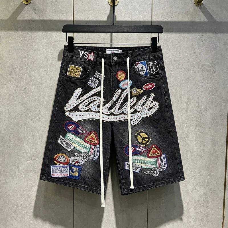 2026 American VALLEY Embroidery Rhinestone Logo Patch Label Denim Shorts Men High Quality Loose Straight Short Jeans