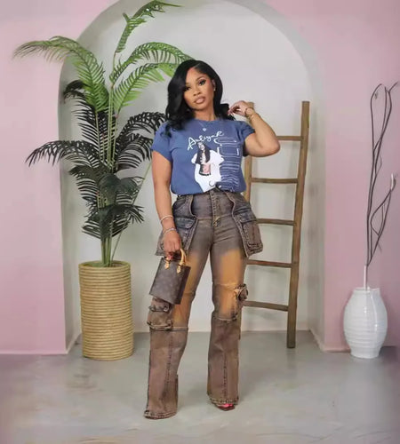 Vintage Washed Distressed Women Jeans Ankle Length Spliced Cargo Pants Denim Pockets High Waist Streetwear Loose Fit