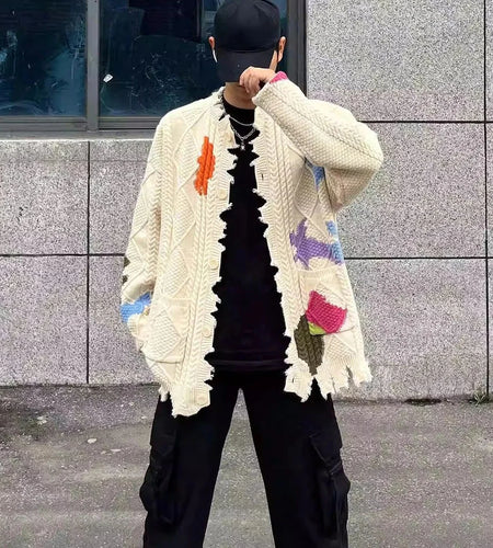 Men's Sweater Graffiti Contrast Color Ripped Casual Knit Sweater Autumn Fashion Streetwear Versatile Long-Sleeved